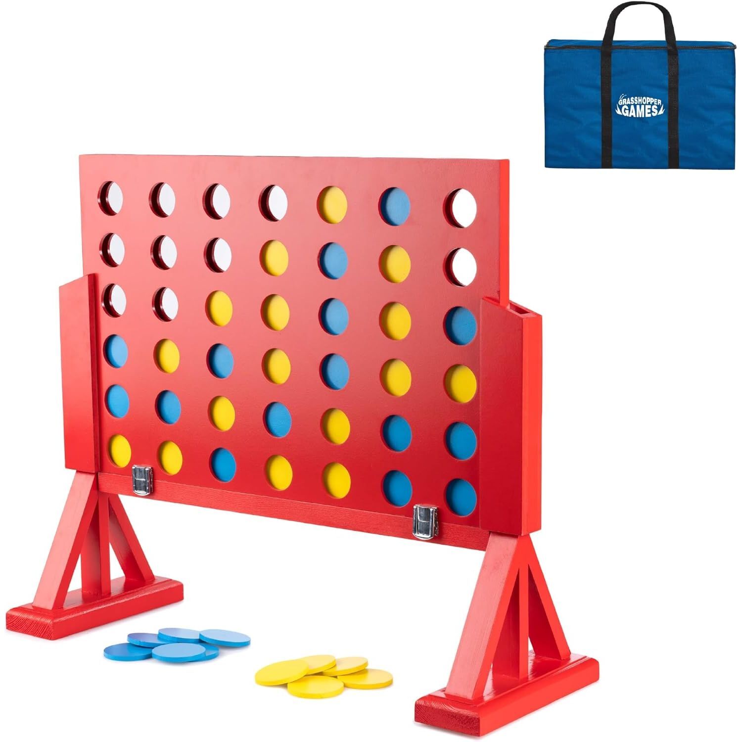 Grasshopper Games 4 in a Row Wooden Game Set   46 Discs   Classic Four in a Line   Includes Carry Bag   Outdoor Family