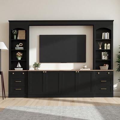 ZWYO HOSIMU "106"" Farmhouse Arched Wall Unit with Bookshelves, 4 Cabinets, 2 Drawers, 8 Shelves & 110lbs Top Capacity"