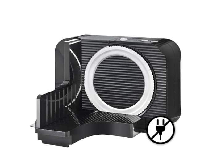 EUREL RS54 Akku-Allesschneider, Schwarz Brotschneidemaschine klappbar, kabelloser Allesschneider mit Li-Ion Akku, E-Blade Präzisionsklinge, 0–15 mm Schnittstärke
