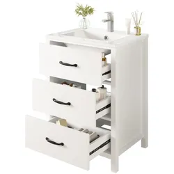 Merax Waschtisch mit Unterschrank 61 x 46.5 x 82.5 cm, Badezimmermöbel, Keramikbecken rund, 3 Schubladen, Weiß