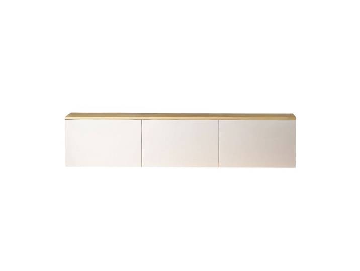 Meuble tv led suspendu avec placards blanc et plateau bois 160cm