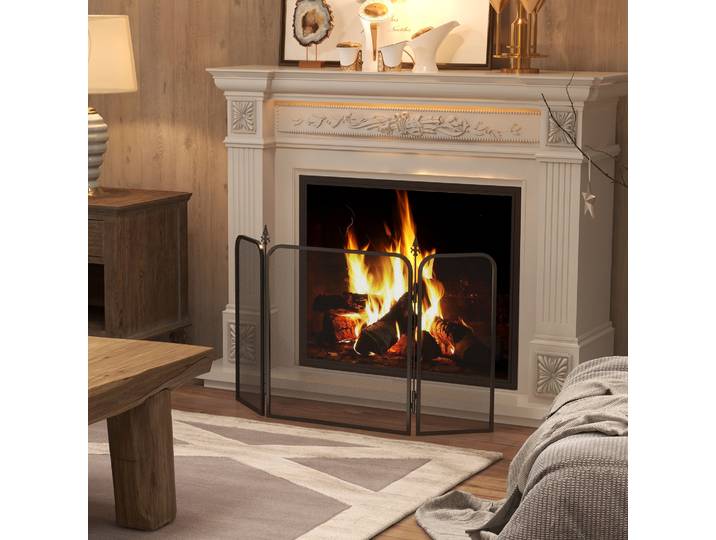 HOMCOM Pare-Feu Cheminée Pliable 3 Panneaux Métal Noir