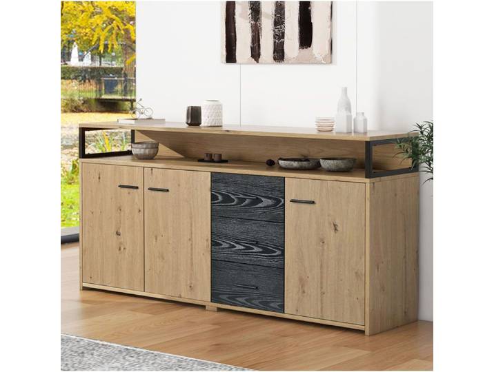 Maisentiel Buffet bas industriel 150 cm 3 portes 3 tiroirs niche ouverte et étagères réglables noir et décor bois