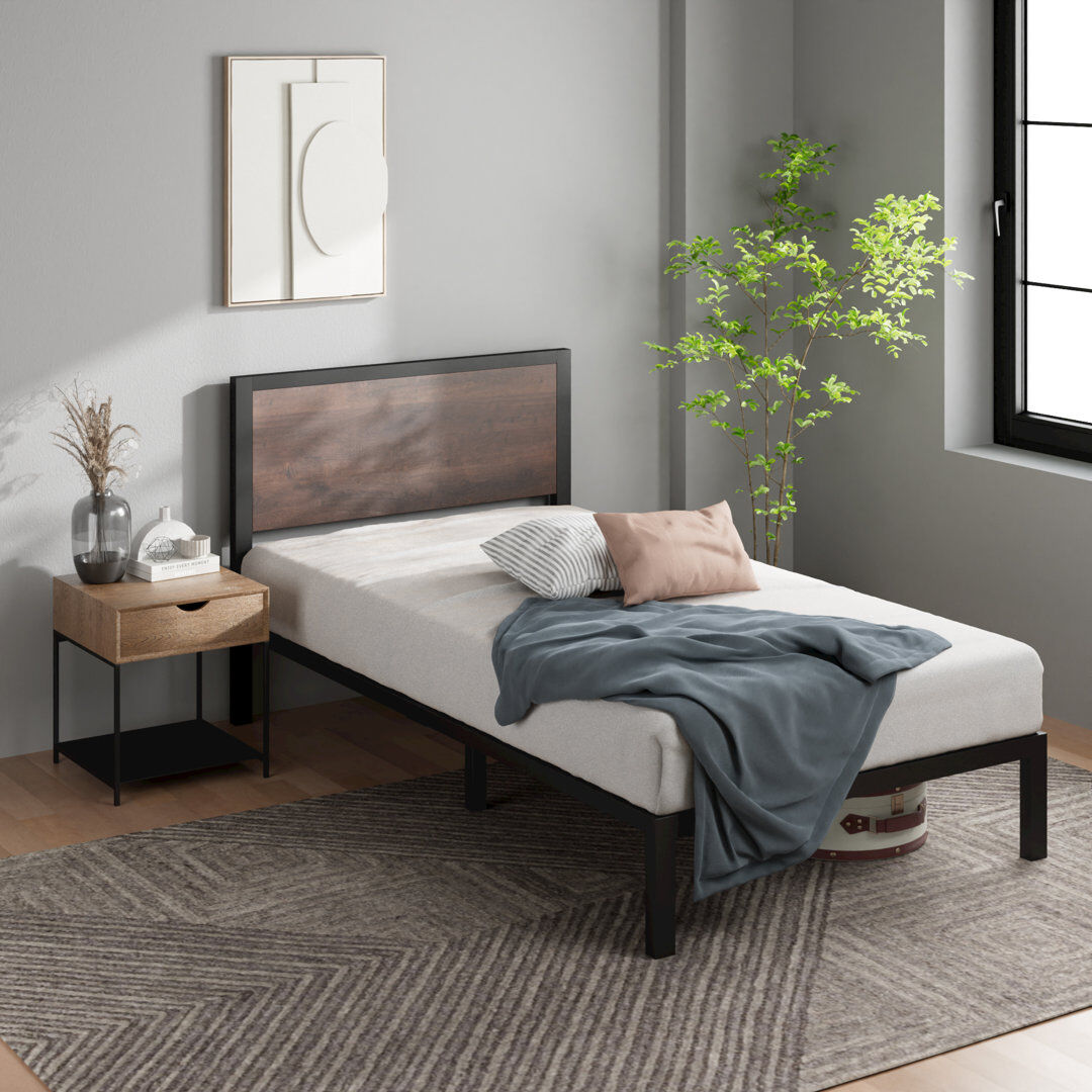 Rio Slovan Modern Metal Platform Bed frame with Wooden Headboard Brown;Black Single (3')