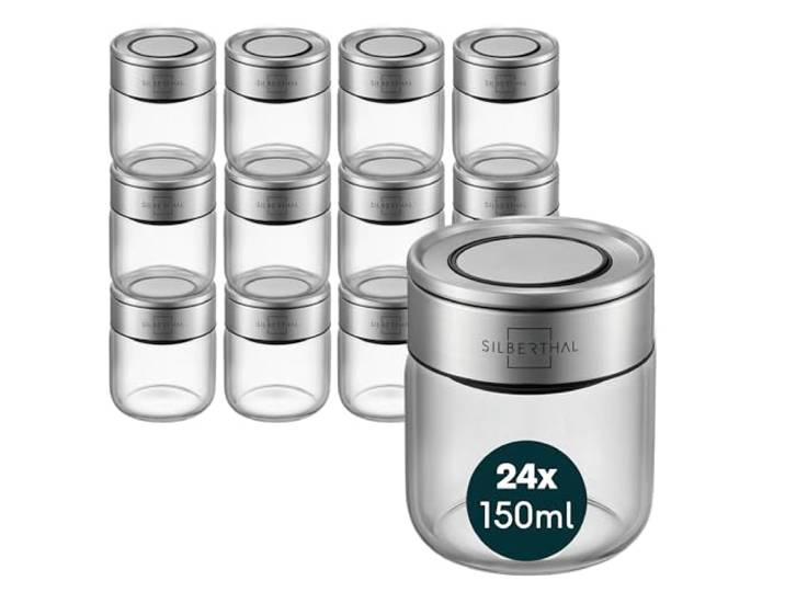 SILBERTHAL Gewürzgläser 24er Set 150 ml mit Klickdeckel, stapelbar Ein komplettes Gewürzregal in einem Zug. Luftdicht und mottensicher per Silikondichtung
