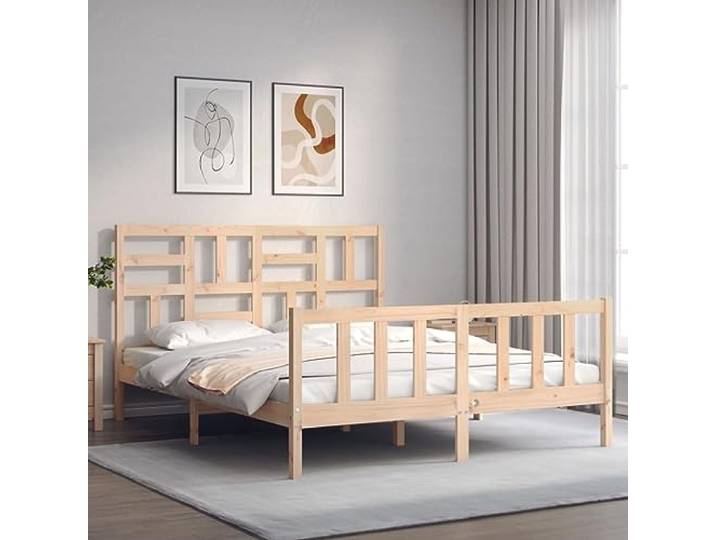 RJPLMFV Bettgestell aus massivem Kiefernholz, 160 x 200 cm Ohne Matratze, Lattenrost, Kopfteil mit Lendenwirbelstütze, robust und langlebig