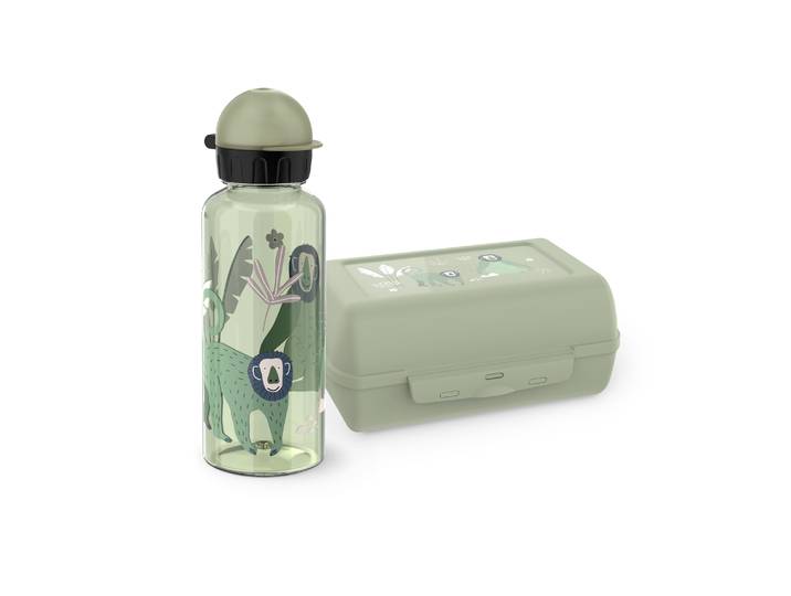 Kindergeschirr-Set EMSA Kids , grün (grün, motiv: affe), 2, Kunststoff, Polypropylen, Tritan™, Geschirr-Sets, Kindergeschirr-Set, Tritan-Trinkflasche, 0,6 l, Vorratsdose mit herausnehmbarem Trenner