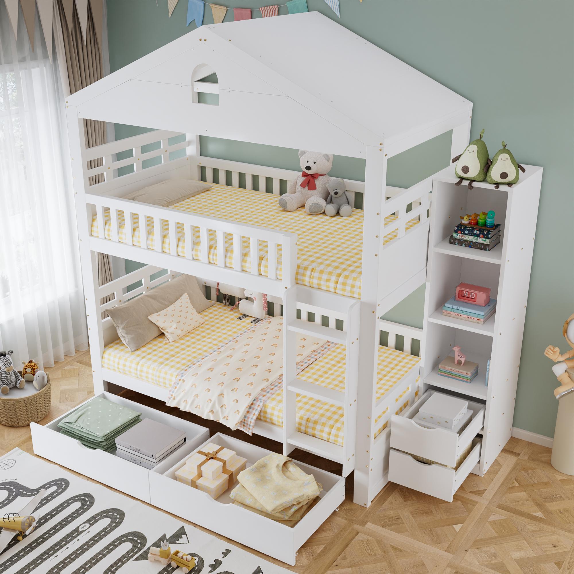 okwish Kinder-Etagenbett 90×200 mit seitlichem Aufbewahrungsschrank,Jugendbett mit 2 großen Schubladen,Hausbett Weiß,ohne Matratze