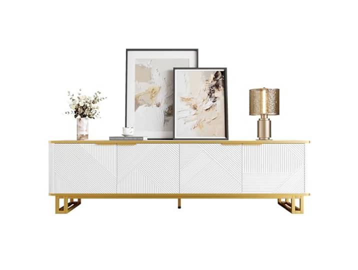 Merax TV-Schrank 160x37,5x48 cm, mit Vier Türen, TV-Ständer mit geometrischer Struktur, TV-Möbel mit Stauraum und Kabeldurchführung, Weiß & Gold