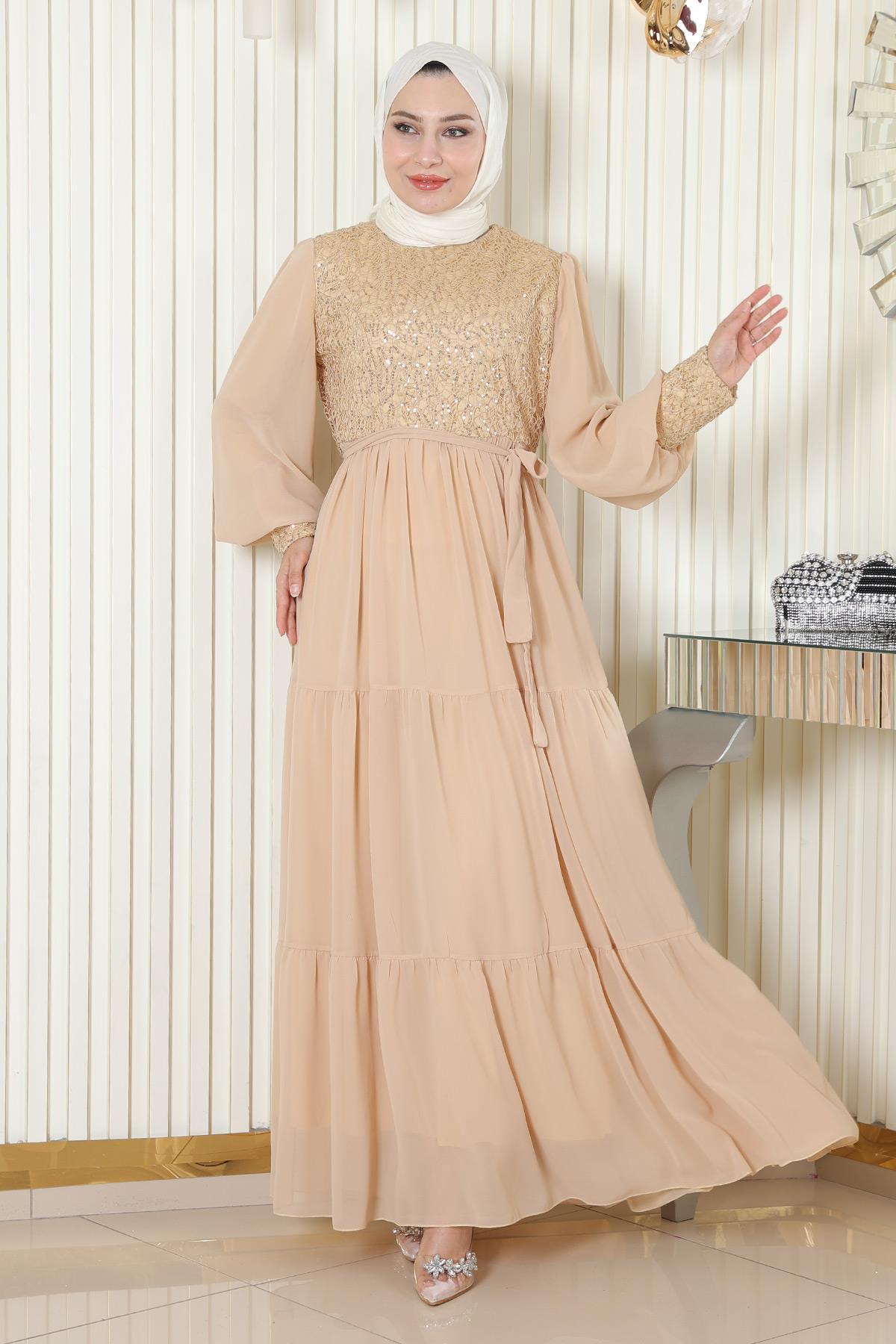 Pailletten Chiffon Abendkleid Gold