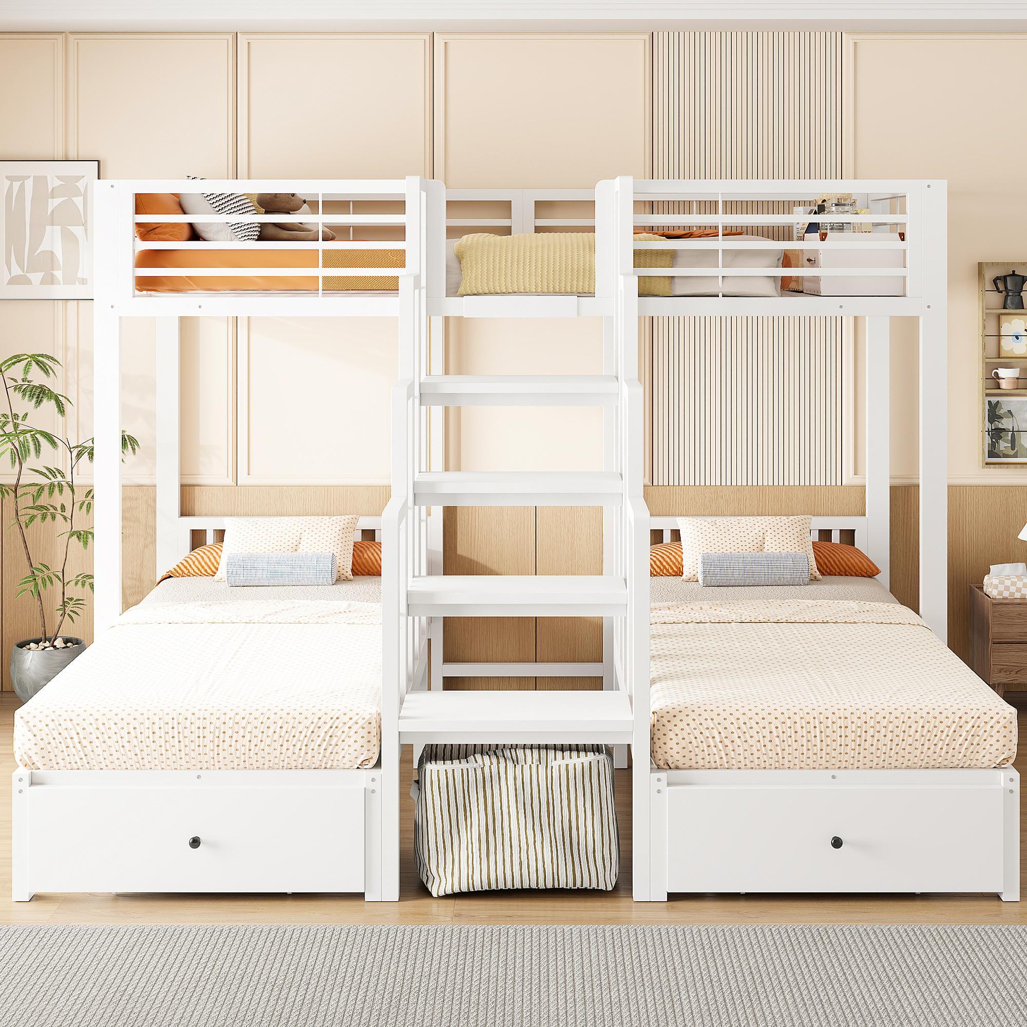 okwish Etagenbett 90×200 mit Schutzgeländern,Schubladen,Jugendbett mit Mitteltreppe,Metallbett in Weiß,ohne Matratze