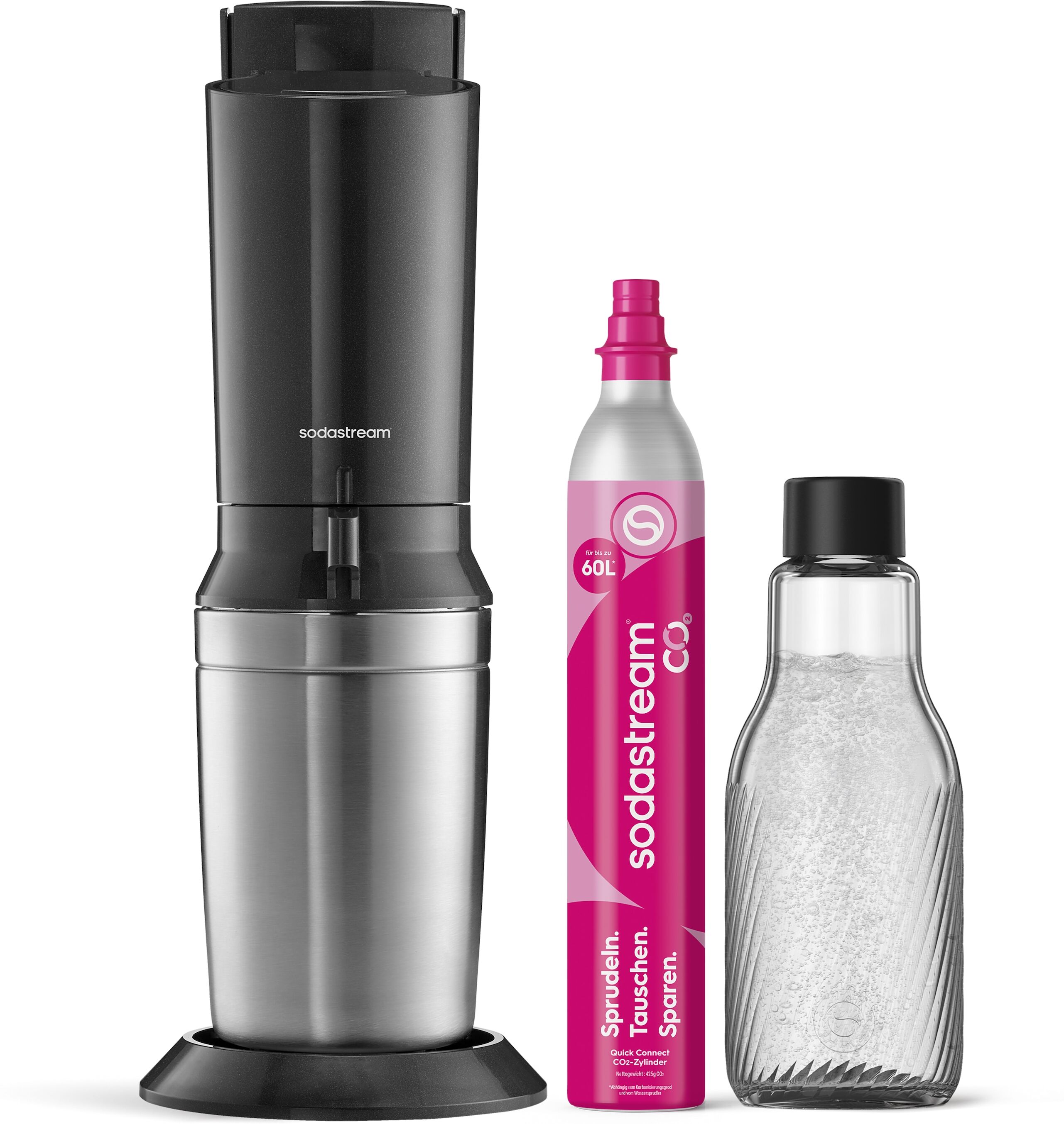 Wassersprudler SODASTREAM "CRYSTAL 3.0 Wassersprudler titan, Standard Pack", dunkelgrau, B:20cm H:45cm T:29cm, Kunststoff, Wassersprudler, Wassersprudler, Hochwertige Glaskaraffe