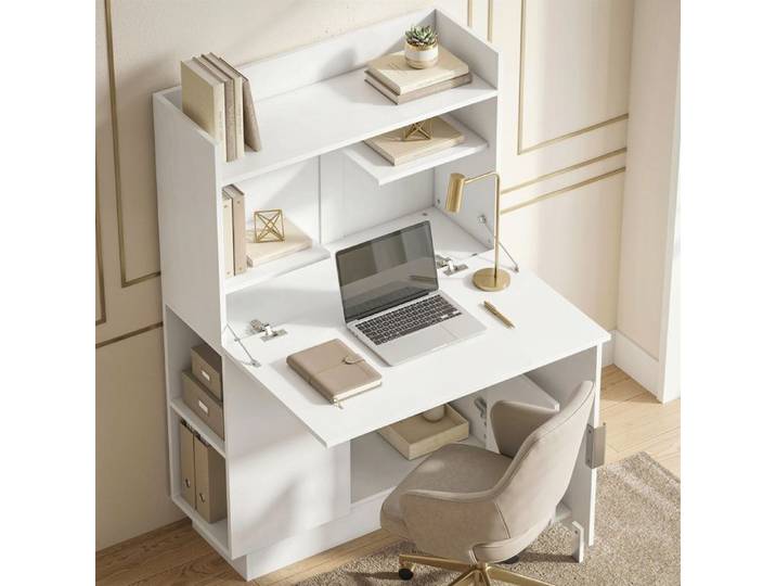 Bureau d'ordinateur pliant bureau informatique avec plateau rabattable étagères et placard 80x30x128cm blanc