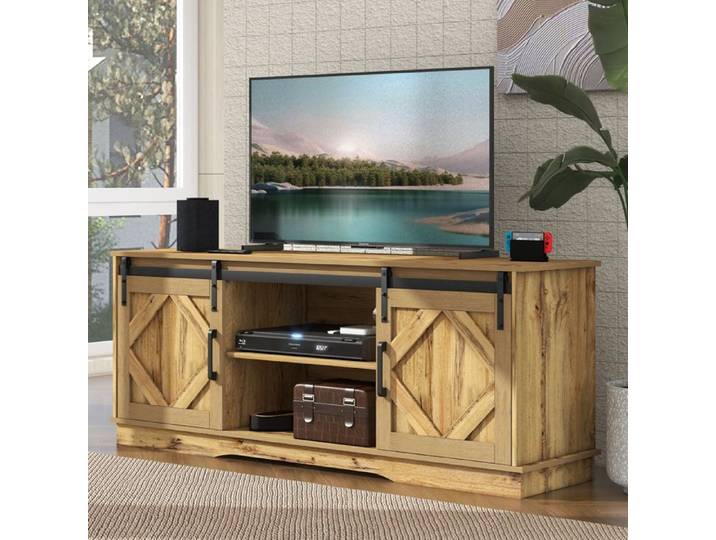 Meuble TV 150cm Style Grange Portes Coulissantes 3 Étages Réglables Structure Renforcée Design Bois Naturel