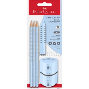 Faber-Castell Schreibset Grip 2001 Set hellblau, 5-teilig, Bleistift Härte B, Radiergummi und Spitzer