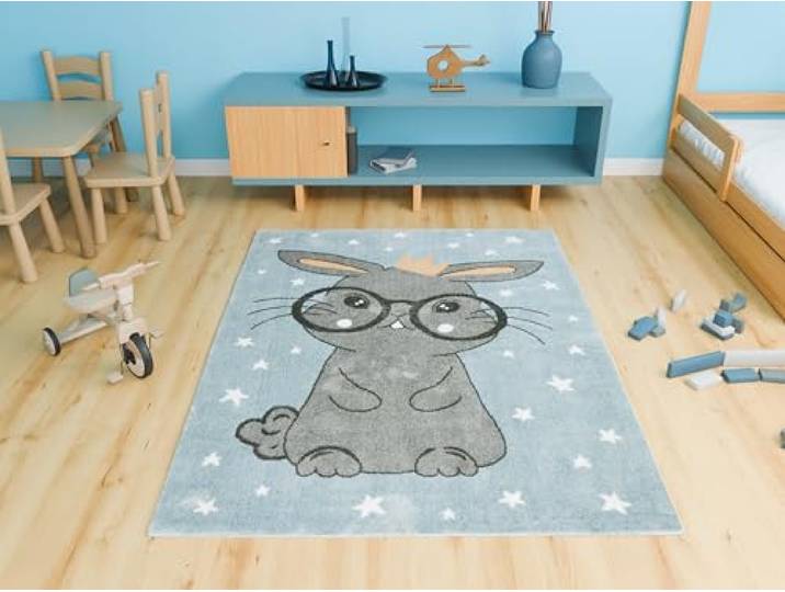 AKCILA Lima Kinderteppich Blau Grau mit Hase mit Brille 160x230 cm Wunderschön Teppich für Kinderzimmer, niedliches Tiermotiv, Kinderteppich für das Kinderzimmer mit Fußbodenheizung