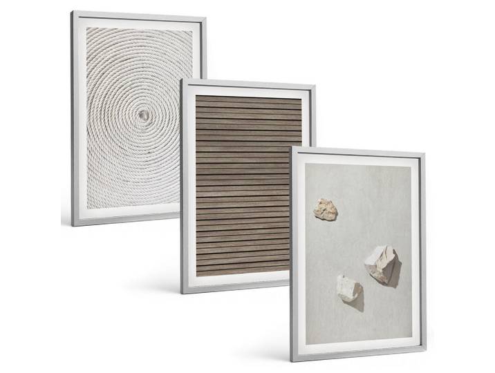 Tulup Bilder SET 3er Set - 40x60 cm Silberner Rahmen - Natürliche Texturen Holz Stein, Silberfarben, Kunststoff, Rechteckig, 40x60 cm, Fotografie, Bilder & Rahmen, Bilder