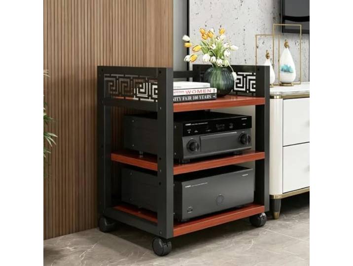 Mehrstufiger AV-Medienschrank, fahrbares Stereo-Regal für Audioanlagen 4-stufig verstellbare Böden, stabiler Holz-Metall-Aufbau, leichtlaufende Rollen(Teak,19.7x15.7x26.8in)