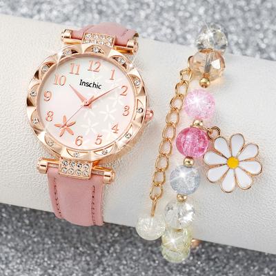 Fusion Finds Luxury Rhinestone Women's Quartz Watch & Bracelet Set With Leather Band Gift For Her e