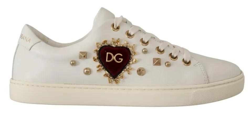 Dolce & Gabbana Weiße Leder Gold Rote Herz Sneakers Schuhe