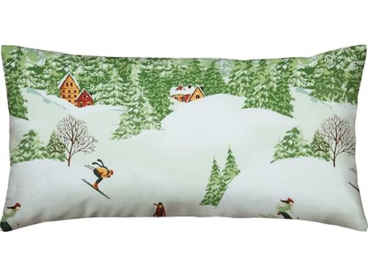 Erwin Müller Kissenbezug, Kissenhülle Edelflanell Skifahrer und Berglandschaft grün Größe 40x80 cm - temperaturausgleichend und pflegeleicht, flauschig weicher Stoff, mit Reißverschluss
