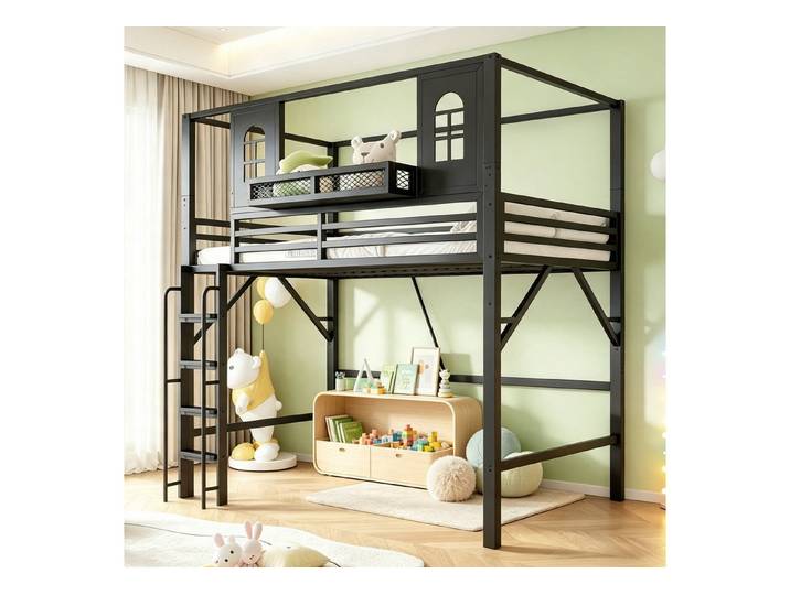 Flieks Hochbett Metall Kinderbett 90x200cm Hausform mit Lattenrost & Sicherheitsleiter