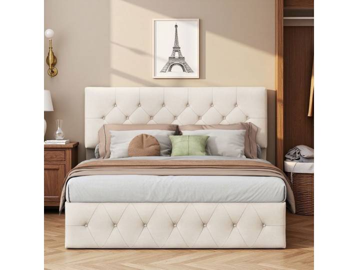 Lit 160×200 cm - ADWOLT - hydraulique - tissu en velours - lit double 160×200 cm - beige
