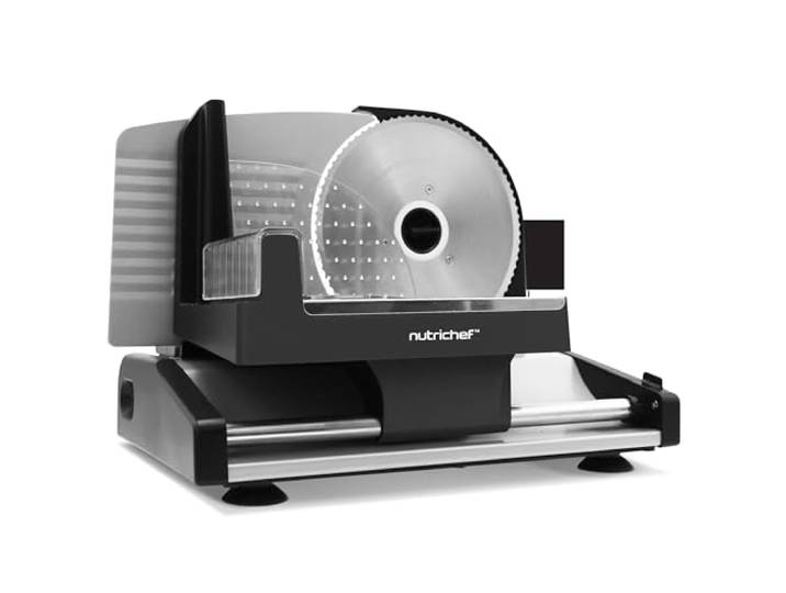 NutriChef Allesschneider Elektrisch 200W – Brotschneidemaschine 19cm, 0–15mm Schnittstärke, Abnehmbare Edelstahlklinge Vielseitig für Fleisch, Käse, Obst, Gemüse - Kompakt, Sicher, Leicht zu Reinigen