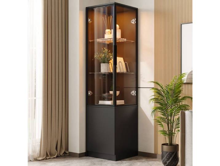 WOVREO Vitrine d'angle noire 40 x 40 x 160 cm LED contrôlable par application verre trempé