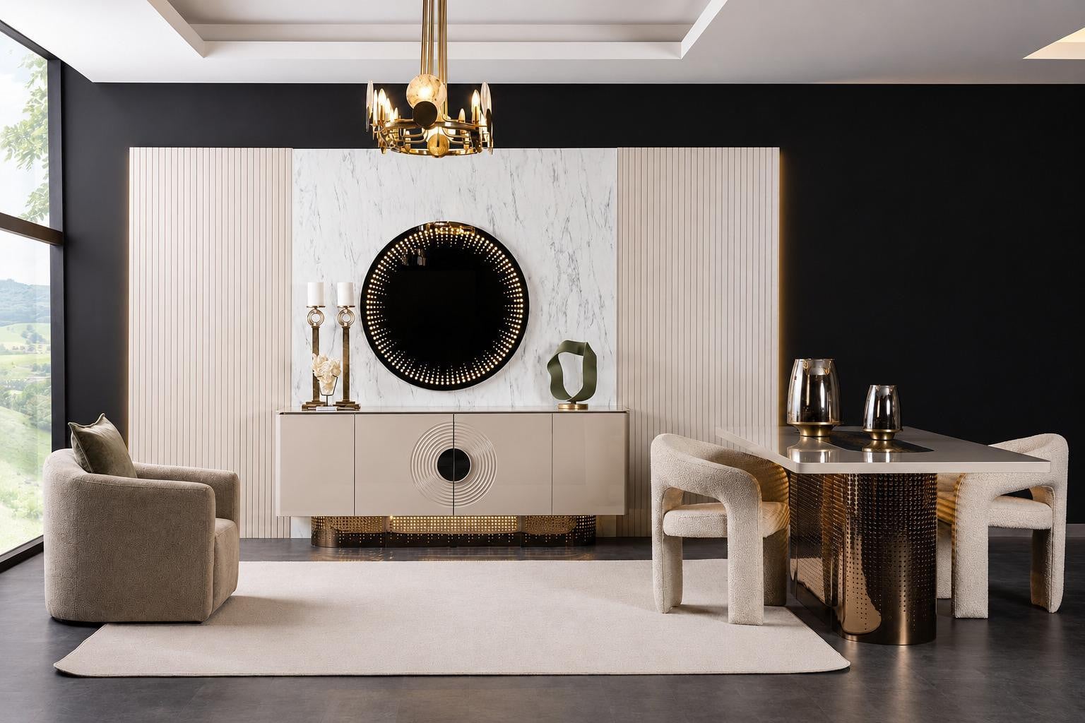 Elegante eetkamer set met beige eettafel, 2 gestoffeerde stoelen en sideboard