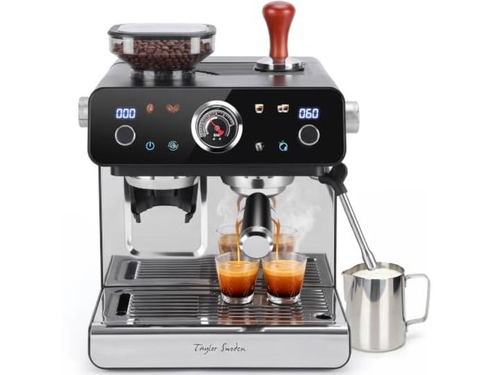 Taylor Swoden Siebträgermaschine mit Mahlwerk, 20 Bar, PID & 35 Mahlgrade 1350W Espressomaschine Milchaufschäumer, Kaffeemaschine mit 58mm Edelstahl Siebträger, Dosierring, 2.5L Tank & Barista-Kit