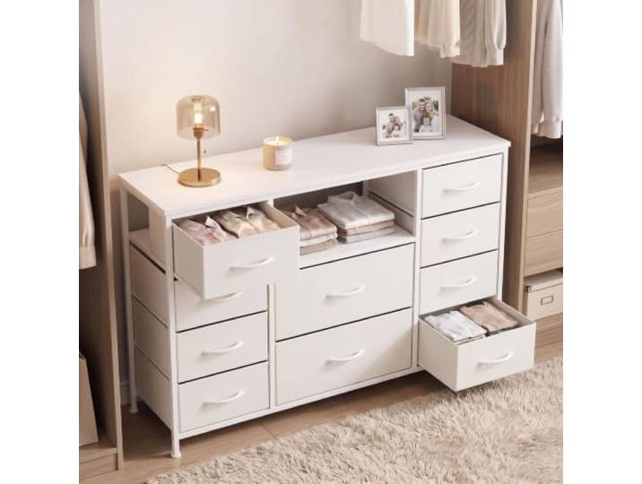 Garvee Weiße Kommode 110 cm mit 8 Stoffschubladen & 3 offenen Ablagen – Modernes TV-Lowboard im skandinavischen Stil für Wohnzimmer, Schlafzimmer, Flur – Farbe: Weiß