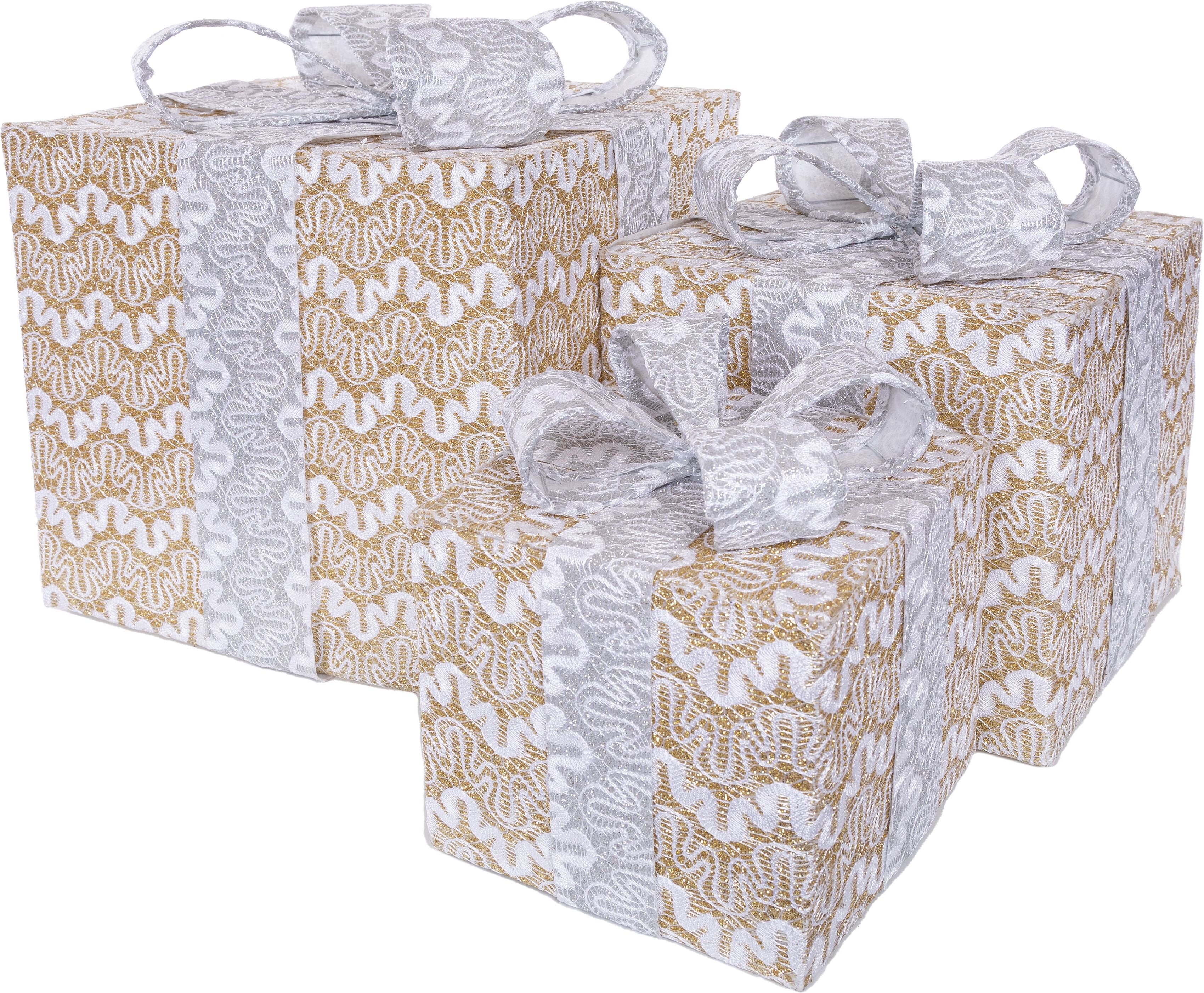 Dekoobjekt "Geschenk", silber (silberfarben), B:25cm, Metall, Polyester, MYFLAIR MÖBEL & ACCESSOIRES, Dekofiguren, Dekoobjekt, 3 unterschiedliche Größen, mit LED Beleuchtung, Weihnachtsdeko
