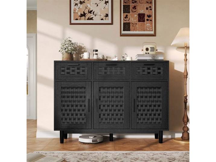Buffet de Rangement - Buffet de cuisine - Meuble avec Portes Façon Rotin - Sideboard avec 3 Tiroirs - Noir