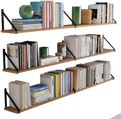 "Wallniture Bora 60""Floating Shelves, Wall Bookshelf, Burnt, Wood 3 Pcs"