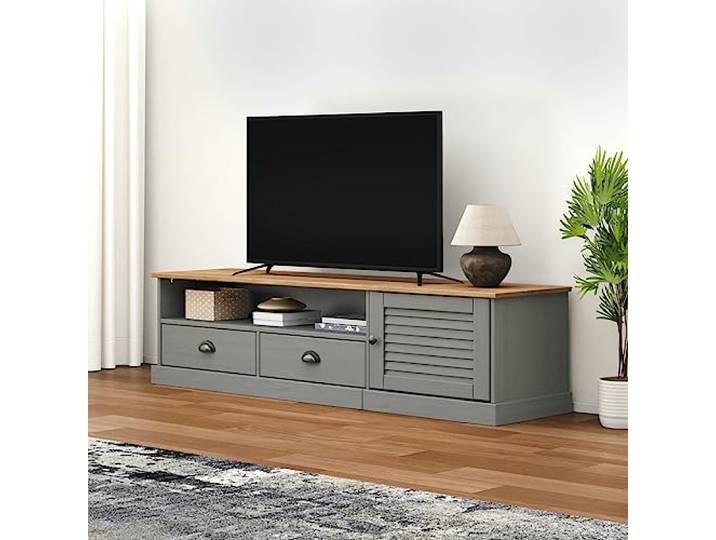 HEFZGDB TV-Schrank VIGO Grau 156x40x40 cm Massivholz Kiefer mit 2 Schubladen 1 offenem Fach und 1 Fach mit Tür - Stauraum Möbel Lowboard für Wohnzimmer