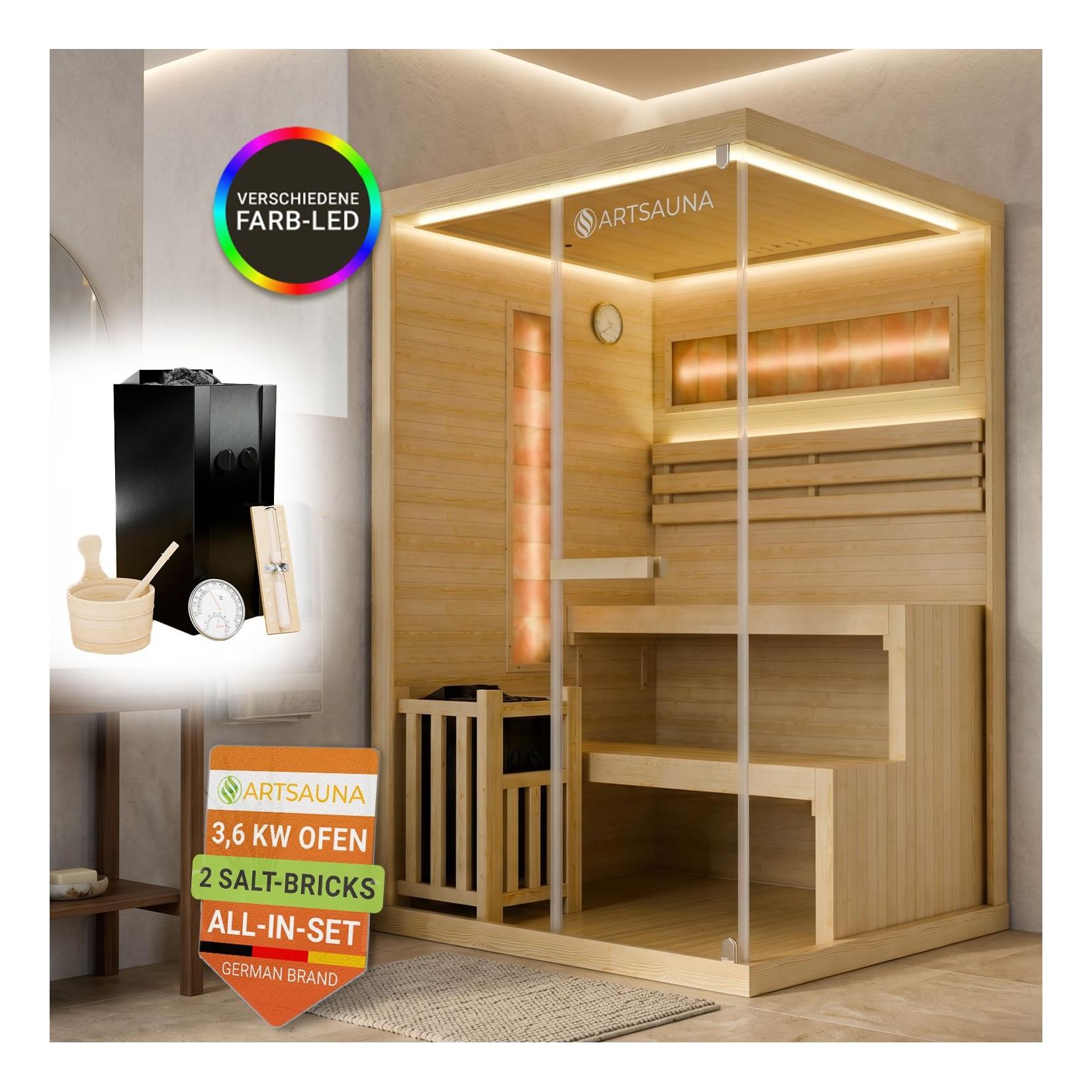 ARTSAUNA® Traditionelle Sauna Vantaa natur - moderne Indoorsauna für 2 Personen, Hemlock Holz, Sicherheitsglas, RGB LED Beleuchtung mit Fernbedienung, Saunaofen 3,5 kW