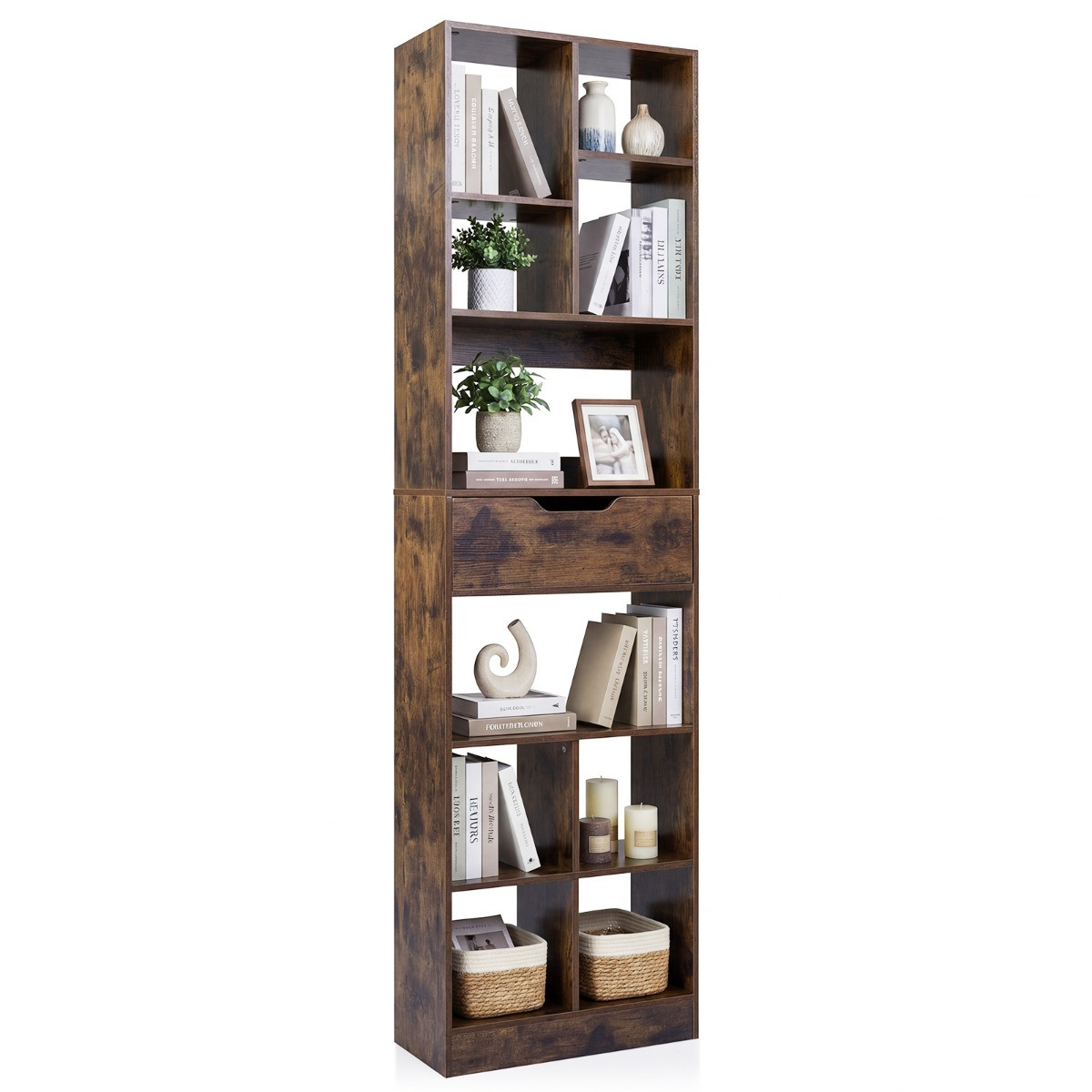 Costway Houten Boekenkast met 10 Vakken en 1 Lade, Bruin