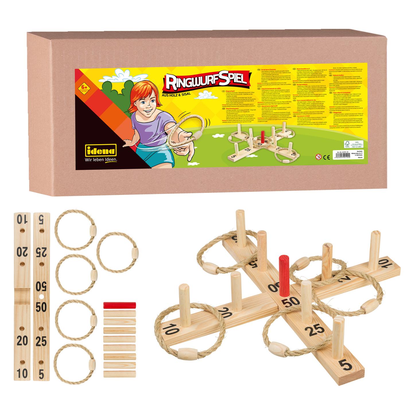 Idena Ringwurfspiel Holz 9 Stäbe 4 Ringe FSC100% (2 - 4 Spieler) (40199)