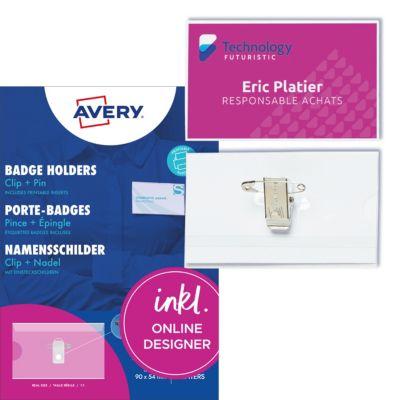Avery Zweckform 4820 Namensschilder 90 x 54 mm, transparent, Clip+Pin, 50 Stück mit Einsteckkarten