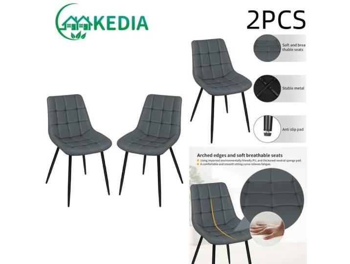Chaises de salle à manger rembourrées KEDIA - Lot de 2 - Gris foncé - Pieds en métal noir - PU