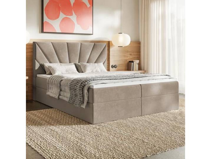 MOTIVENA Aspen Boxspringbett 180x200 mit Bettkasten und Topper, Polsterbett 180x200 mit Bettkasten, Bonellfederkern-Matratze (H4), Visco Memory-Foam Topper (H2), Samt, Beige