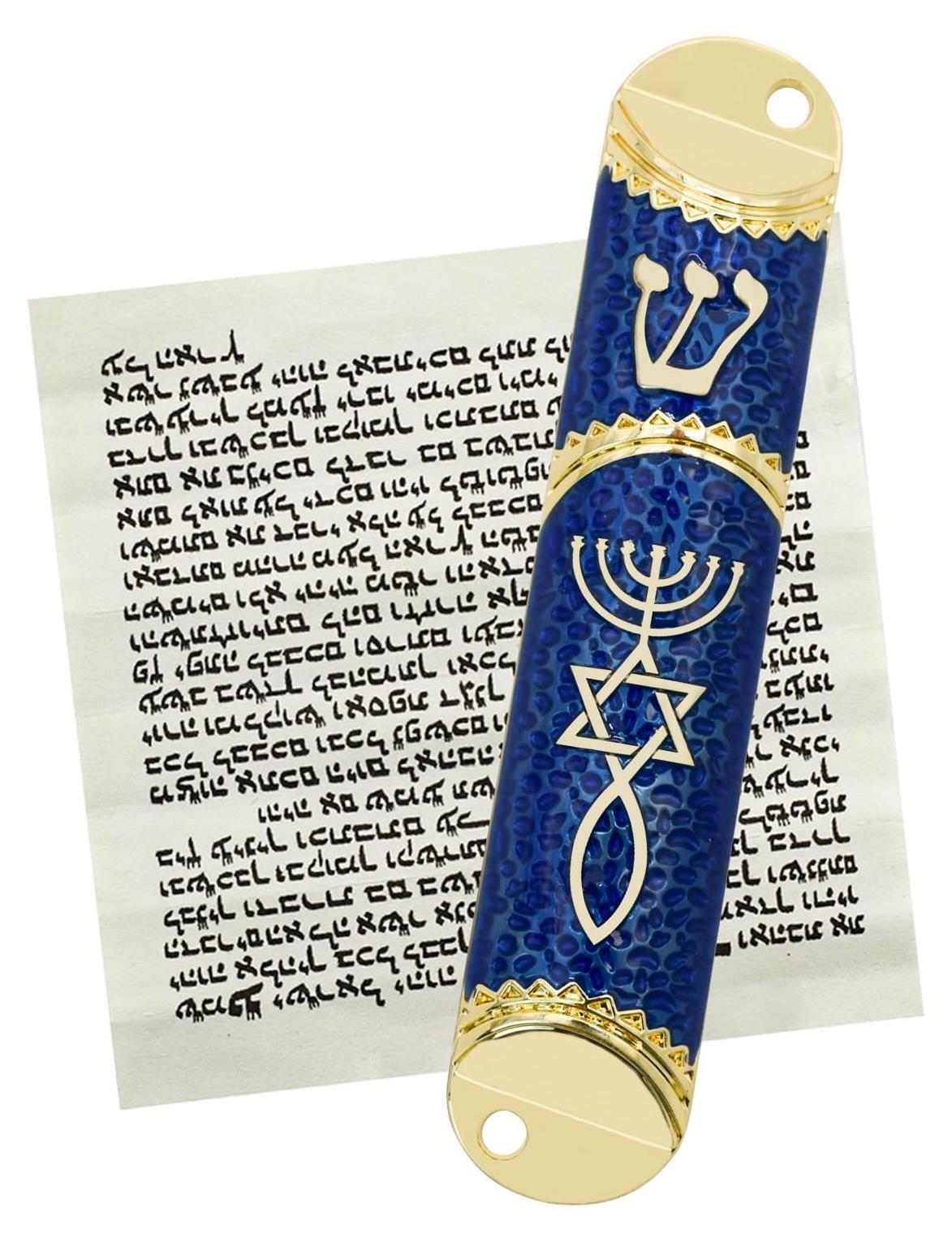 Blauwe metalen Mezuzah met rol voor wandmontage