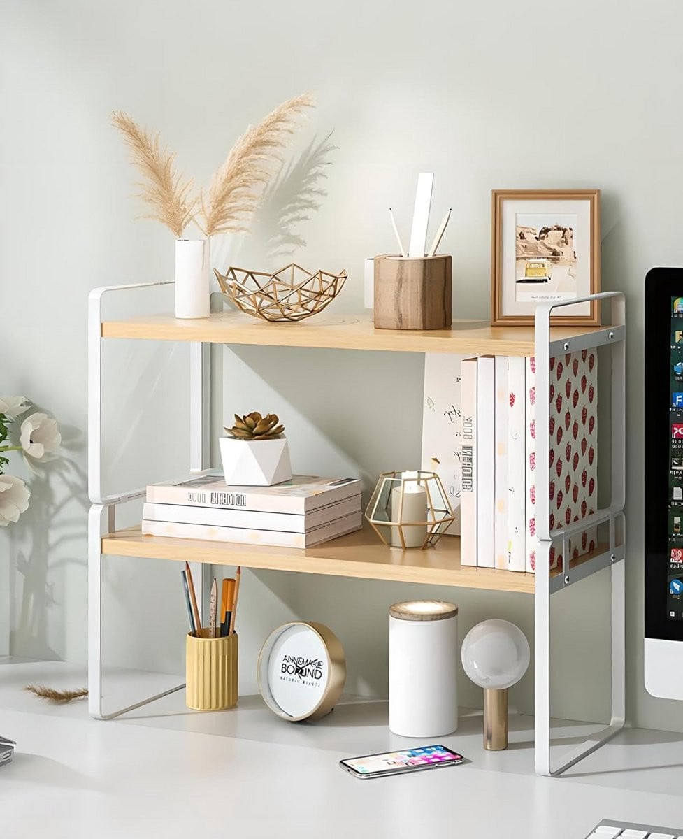 Houten Desktop Boekenkast Organizer met 2 Laag voor Bureau, Kantoor en Keuken