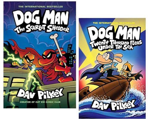 Scholastic Dog Man Series by Dav Pilkey 2 Books Collection Set: Book No. 11 and 12 (Twenty Thousand Fleas Under the Sea and The Scarlet Shedder [Hardback])