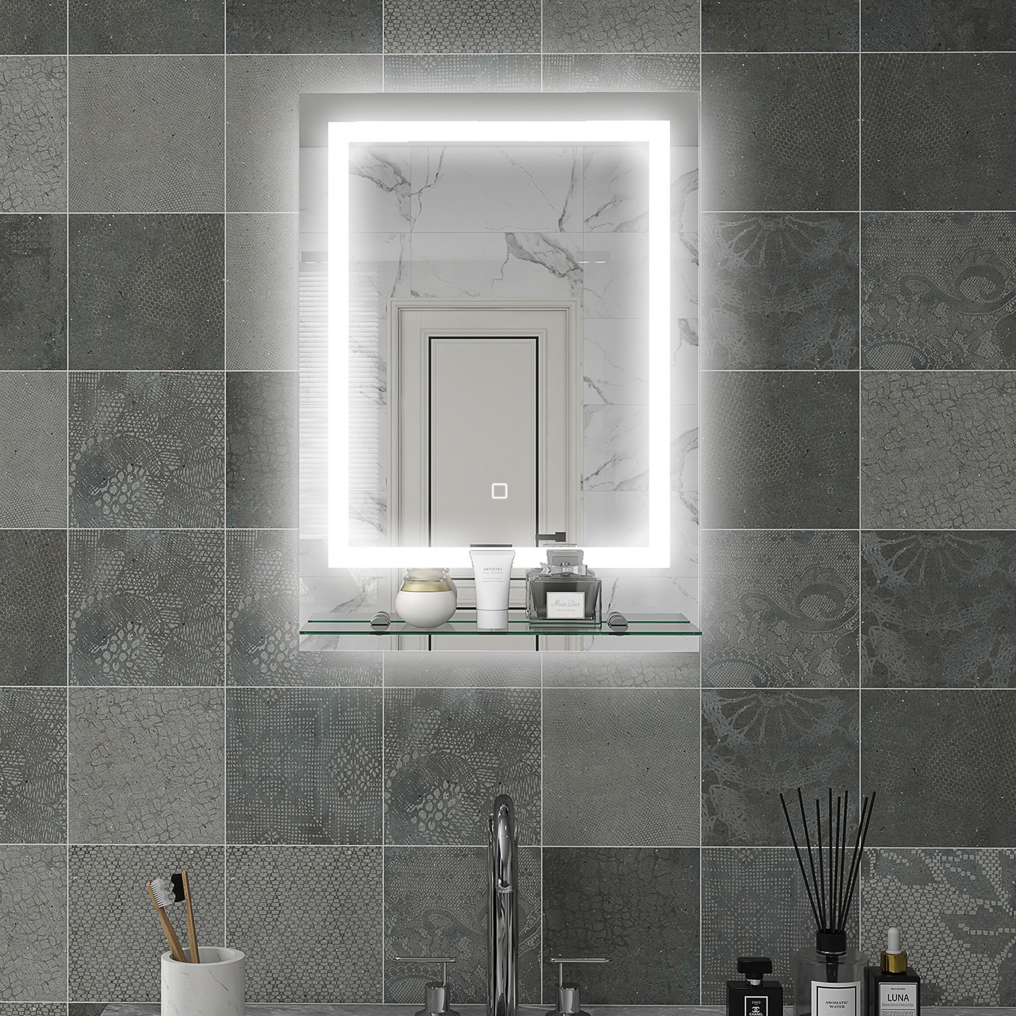 Kleankin Specchio Rettangolare Luminoso LED da parete per bagno, 70x50x2.7 cm, Trasparente   Aosom Italy