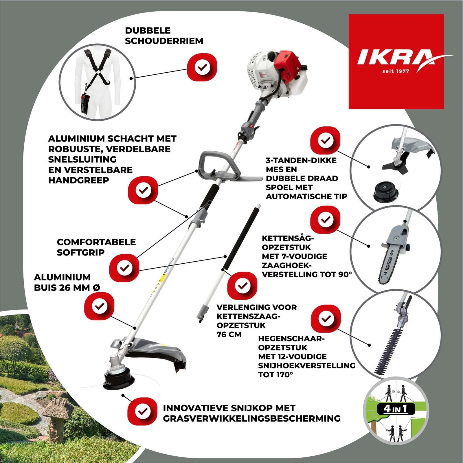 Ikra 4-in-1 Benzine Multitool IBKH 33-1 met grastrimmer, heggenschaar, telescopische heggenschaar en ontbramer