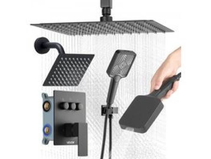 VEVOR Duschsystem-Set mit 12 Zoll Regenduschsystem / 6 Zoll Wandmontagekopf / 4 in 1 Handbrause, drehbarer Doppelregenkopf (3 Funktionen), Messingventil und Verkleidungssatz, Mattschwarz