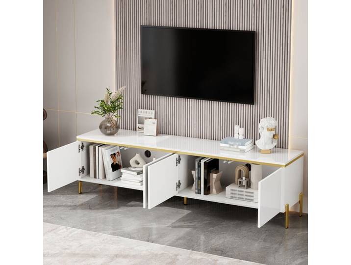 Meuble TV 170 cm 4 Portes Passe-Câbles et Pieds Métal - YEAVIO - Brillant pour Salon Blanc 170×38×50 cm
