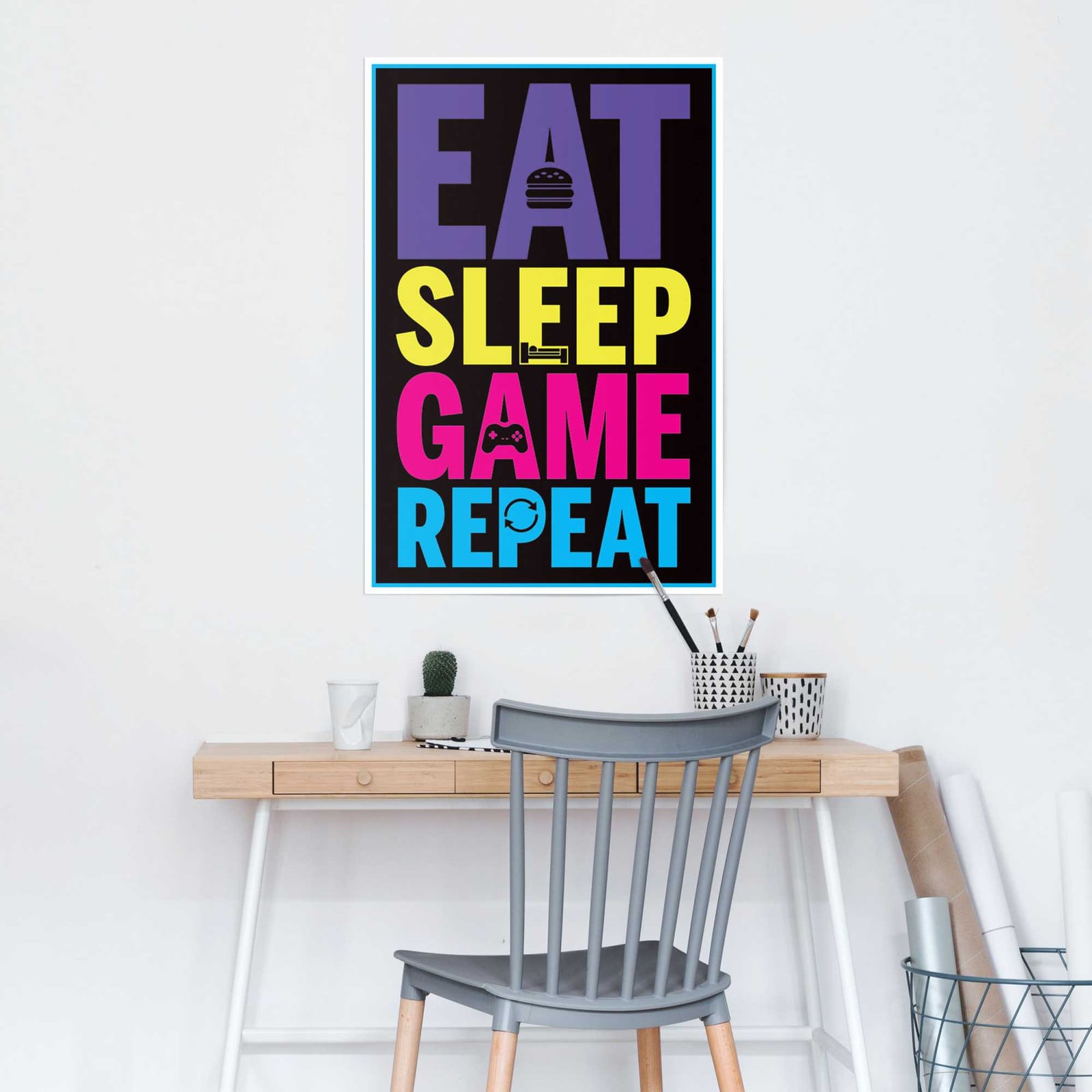 home24 Poster Eat sleep game repeat papier meerdere kleuren Breedte: 61 cm, Hoogte: 92 cm